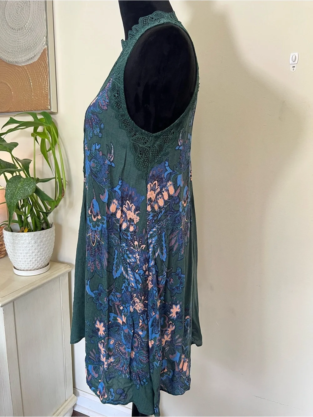 Free People Marsha Teal Green Lace Mock Neck Mini Slip Dress Tunic Size S